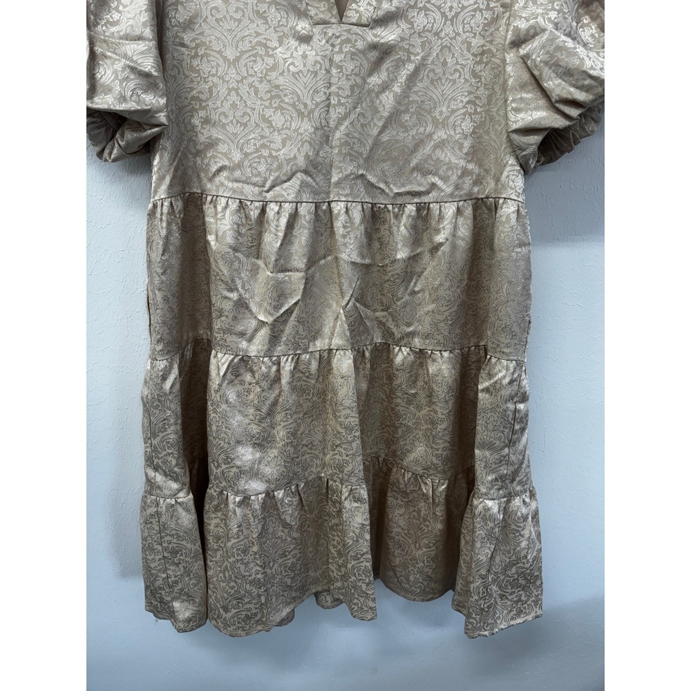 THML Champagne Damask Tiered Puff Sleeve Dress Pockets HOCO Wedding Guest S - Picture 10 of 16